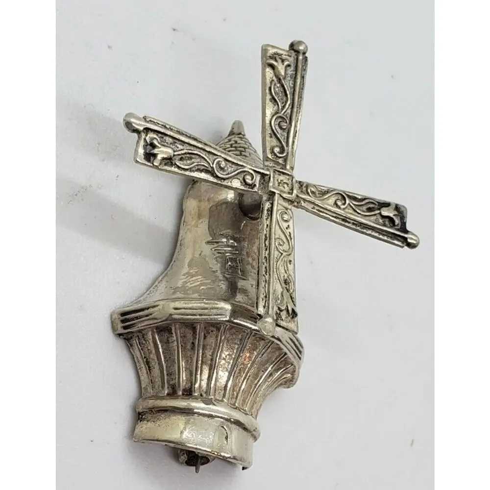 Vintage Brooch Figural 3-D Windmill Moves Spins Sterling Silver Holland Lang